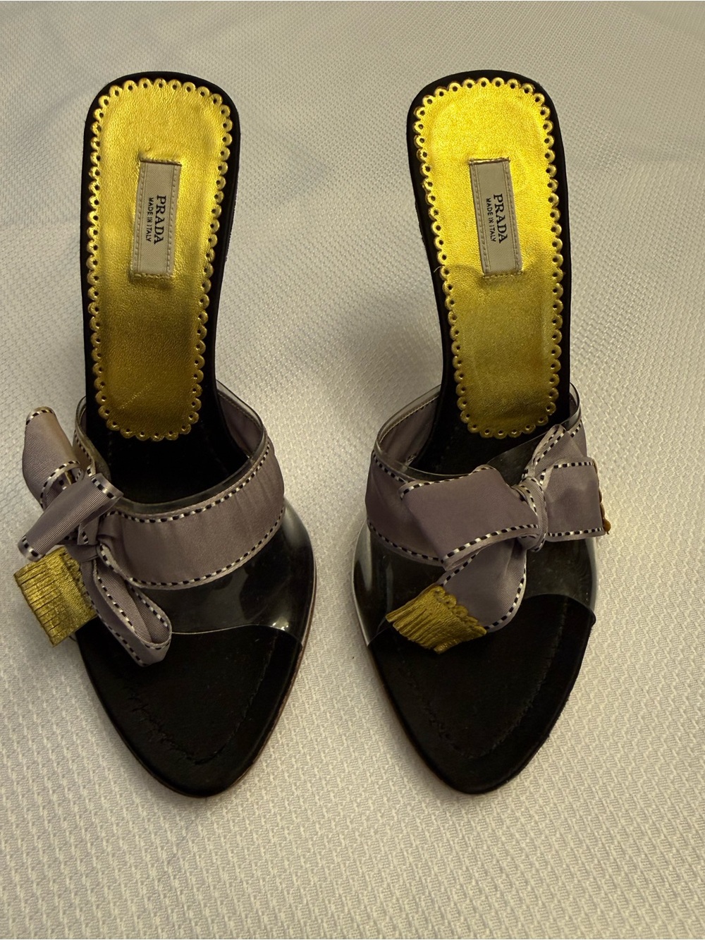 Prada Black Patent Slide Mules with Gray Bow and Gold Insole